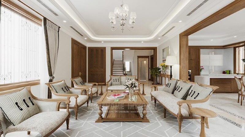 Phòng khách cuốn hút từ ánh nhìn đầu tiên đó là vẻ đẹp của nội thất màu gỗ óc chó sang trọng, nổi bật là điểm nhấn cho phòng khách của biệt thự