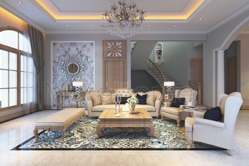 Mẫu sofa gỗ sồi nhập khẩu bọc da cao cấp mang lại vẻ đẹp cân bằng, hài hòa cho cả không gian phòng khách của gia chủ