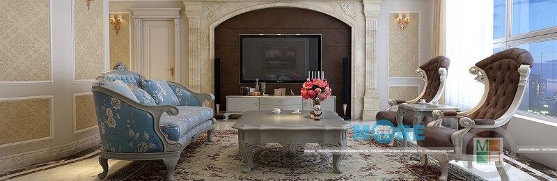 Sofa tân cổ điển với các đường cong, chạm trổ tỉ mỉ làm cho phòng khách thêm sang trọng