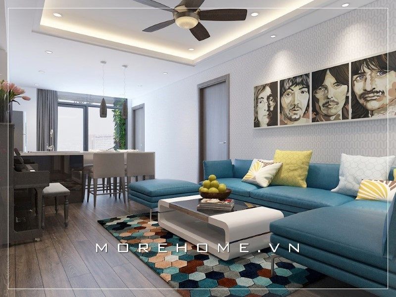 Bộ sofa êm ái màu xanh góp phần giúp tô điểm thêm điểm nhấn cho không gian thêm nổi bật.