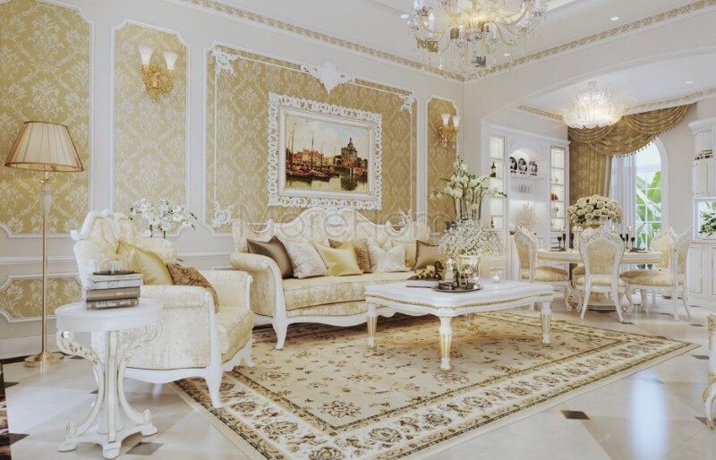 Thiết kế nội thất phòng khách chung cư, biệt thự tân cổ điển được kiến trúc sư đầu tư tỉ mỉ về cả đường nét và màu sắc, thể hiện được đúng cái