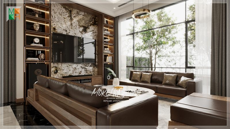 Bộ bàn ghế sofa bọc da sáng bóng gây được thiện cảm và ấn tượng mỗi khi có khách đến chơi nhà.