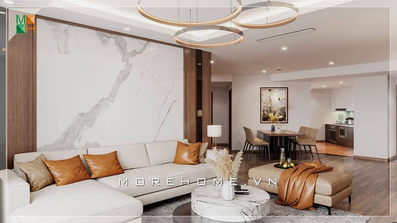 Phòng khách là nơi đầu tiên thể hiện gu thẩm mỹ tinh tế của gia chủ khi bước vào một ngôi nhà. Và với vẻ đẹp của bộ sofa chữ L bằng gỗ tự nhiên bọc nỉ kết hợp đá ốp tường vân mây cao cấp sẽ giúp cho không gian phòng khách của gia chủ thêm phần đẳng cấp, sang trọng