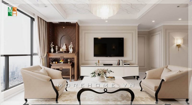 Mẫu sofa phòng khách chân gỗ phong cách tân cổ điển màu kem sữa rất đẳng cấp, phù hợp cho không gian bố trí nội thất tại căn phòng trở nên tiện nghi hơn bao giờ hết.