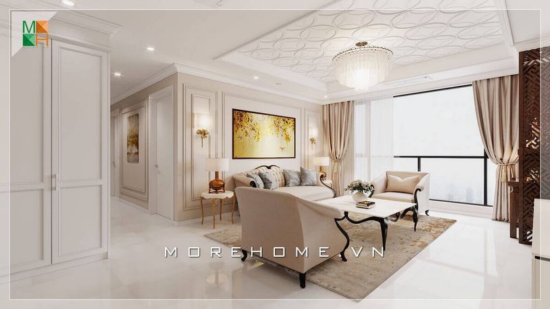Mẫu thiết kế phòng khách chung cư, nhà phố, biệt thự tân cố điển đẳng cấp sang trọng với lối thiết kế rộng rãi có cửa sổ lớn thông thoáng, đón ánh sáng tự nhiên vào phòng.