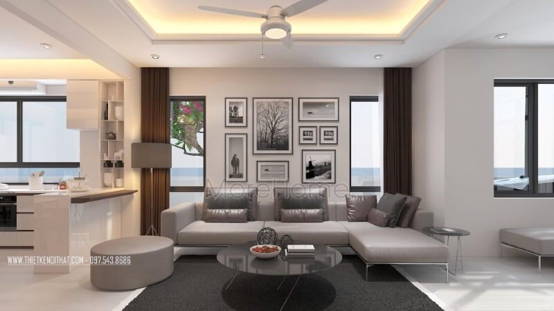 Chất liệu da sáng bóng cao cấp với tone xám tinh tế của thiết kế sofa góc hiện đại nổi bật giữa không gian phòng khách biệt thự, nhà phố